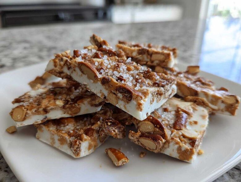 Stack of homemade peanut butter pretzel bark pieces topped with sea salt on a white plate.