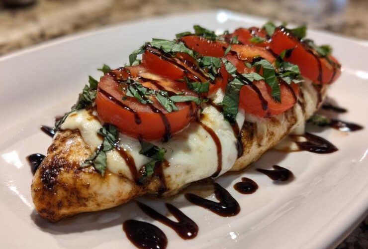 A close-up of a grilled caprese chicken breast topped with melted mozzarella, sliced tomatoes, fresh basil, and balsamic glaze.
