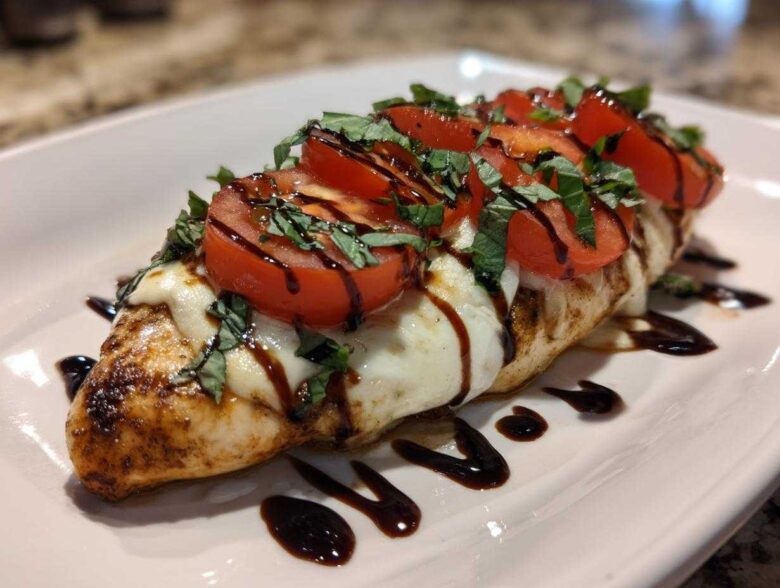 A close-up of a grilled caprese chicken breast topped with melted mozzarella, sliced tomatoes, fresh basil, and balsamic glaze.