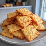 A generous pile of golden brown, rectangular homemade cheese crackers stacked on a white plate.
