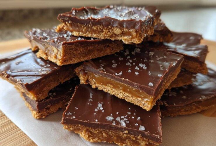 A stack of rich graham cracker toffee squares topped with melted chocolate and flaky sea salt.