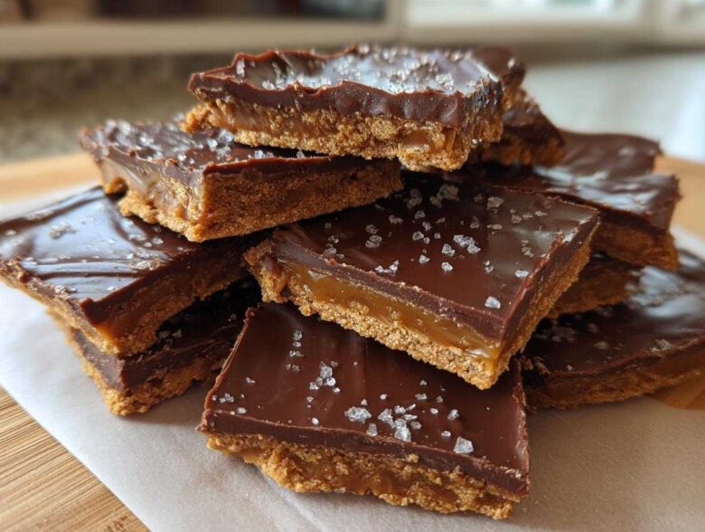 A stack of rich graham cracker toffee squares topped with melted chocolate and flaky sea salt.