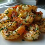 Close-up of juicy, seasoned air fryer frozen shrimp glistening with butter and parsley on a white plate.