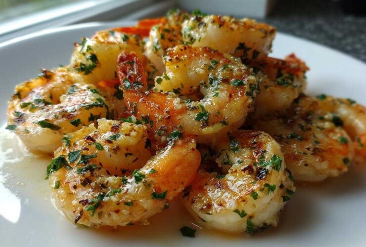 Close-up of juicy, seasoned air fryer frozen shrimp glistening with butter and parsley on a white plate.