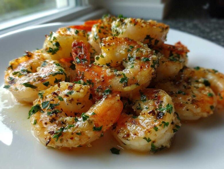 Close-up of juicy, seasoned air fryer frozen shrimp glistening with butter and parsley on a white plate.