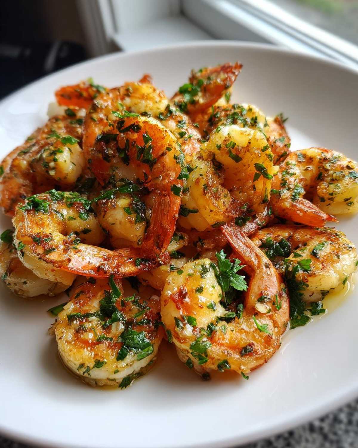 A close-up of cooked air fryer frozen shrimp seasoned with butter, garlic, and fresh parsley on a white plate.