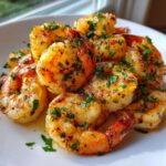 A close-up of perfectly cooked air fryer frozen shrimp seasoned with spices and topped with fresh parsley.