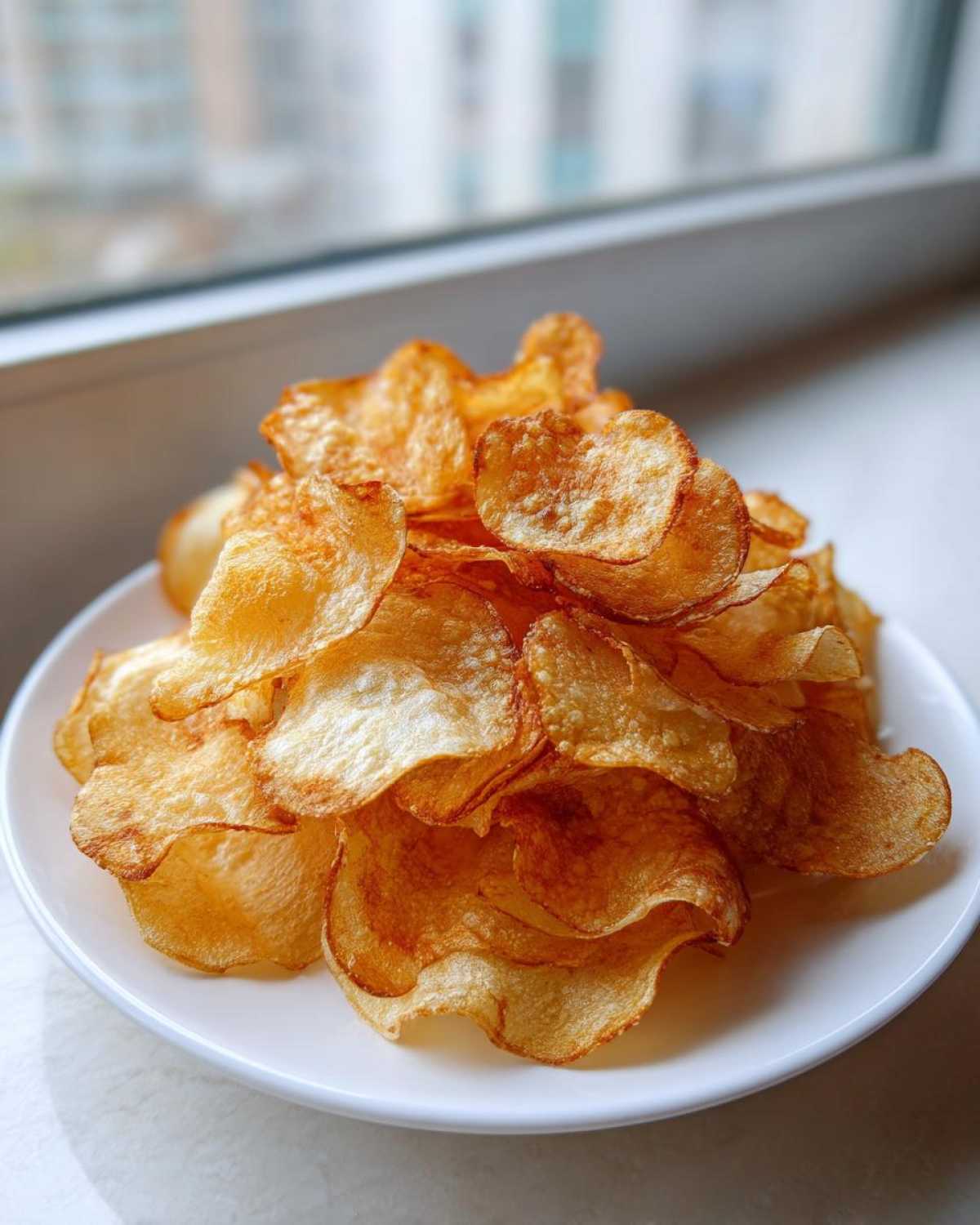 A white plate piled high with golden brown, crispy air fryer potato chips sitting near a bright window.