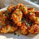 Close-up of golden brown, glazed chicken bites sprinkled with sesame seeds and fresh parsley.