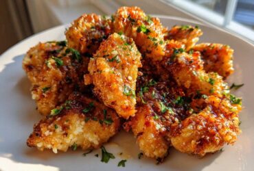 Close-up of golden brown, glazed chicken bites sprinkled with sesame seeds and fresh parsley.