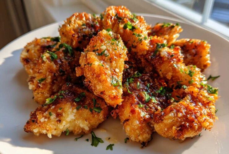 Close-up of golden brown, glazed chicken bites sprinkled with sesame seeds and fresh parsley.