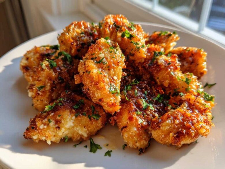Close-up of golden brown, glazed chicken bites sprinkled with sesame seeds and fresh parsley.