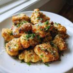 A pile of golden brown, crispy chicken bites topped with grated Parmesan cheese and fresh parsley.