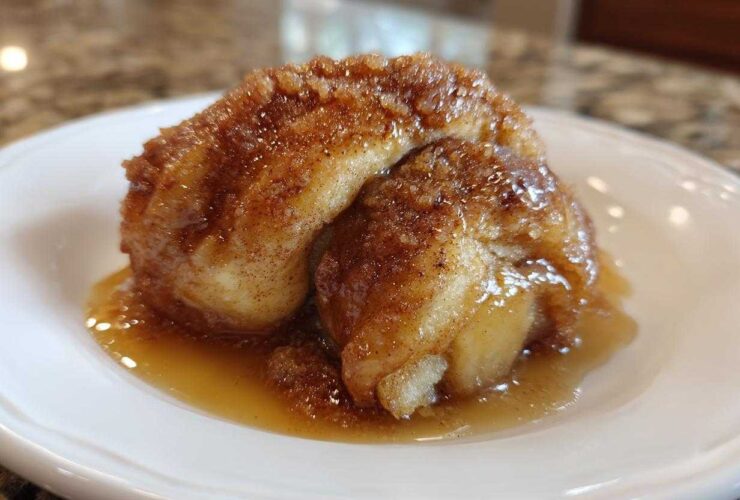 A single, glistening apple dumpling covered in cinnamon sugar glaze, sitting in a pool of sauce on a white plate.