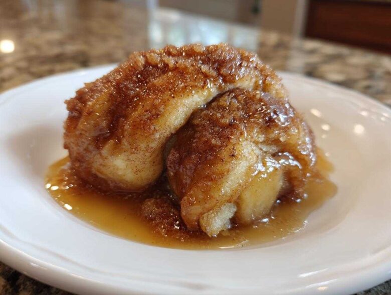 A single, glistening apple dumpling covered in cinnamon sugar glaze, sitting in a pool of sauce on a white plate.
