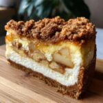 A close-up of a rich slice of apple pie cheesecake showing layers of crust, cream cheese, spiced apples, and a brown sugar crumble topping.