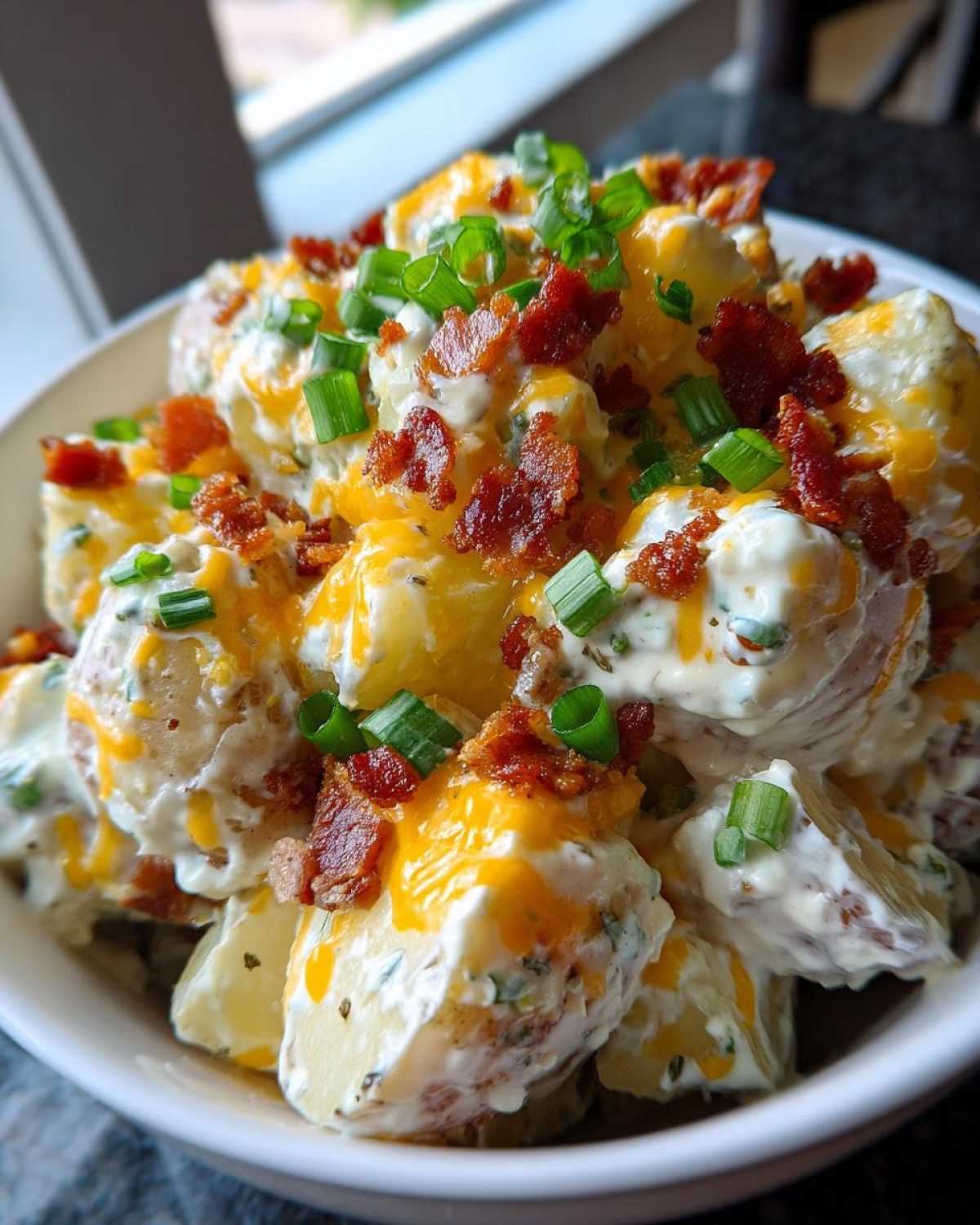 Close-up of loaded baked potato salad featuring chunks of potato coated in creamy dressing, topped with cheddar cheese, bacon bits, and green onions.