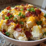 Close-up of a white bowl filled with creamy baked potato salad topped with bacon, cheddar cheese, and green onions.