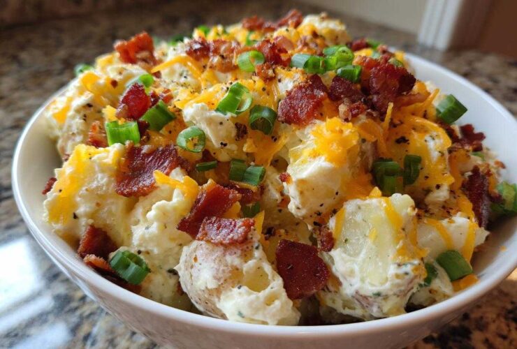 Close-up of a white bowl filled with creamy baked potato salad topped with bacon, cheddar cheese, and green onions.