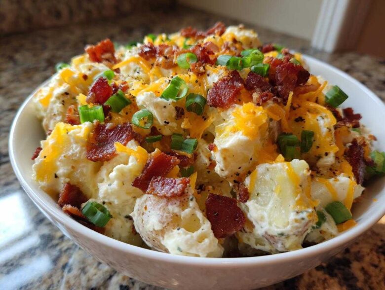 Close-up of a white bowl filled with creamy baked potato salad topped with bacon, cheddar cheese, and green onions.