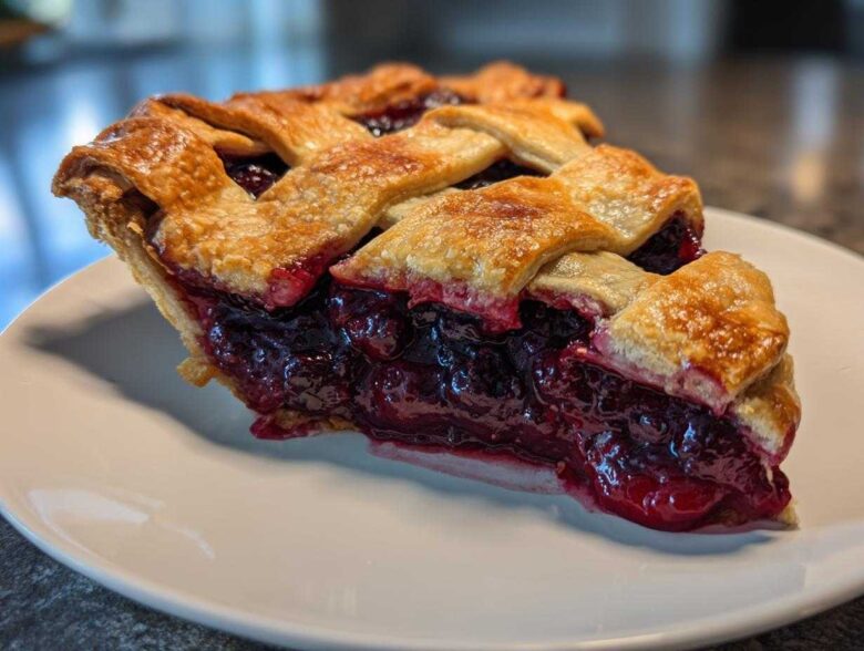 A close-up of a perfect slice of blackberry pie showing the deep purple filling and golden lattice crust.