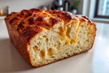 Close-up of a freshly baked beer bread loaf showing the airy interior and a melted, golden-brown cheese crust.