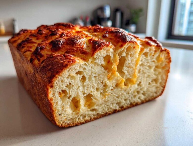 Close-up of a freshly baked beer bread loaf showing the airy interior and a melted, golden-brown cheese crust.