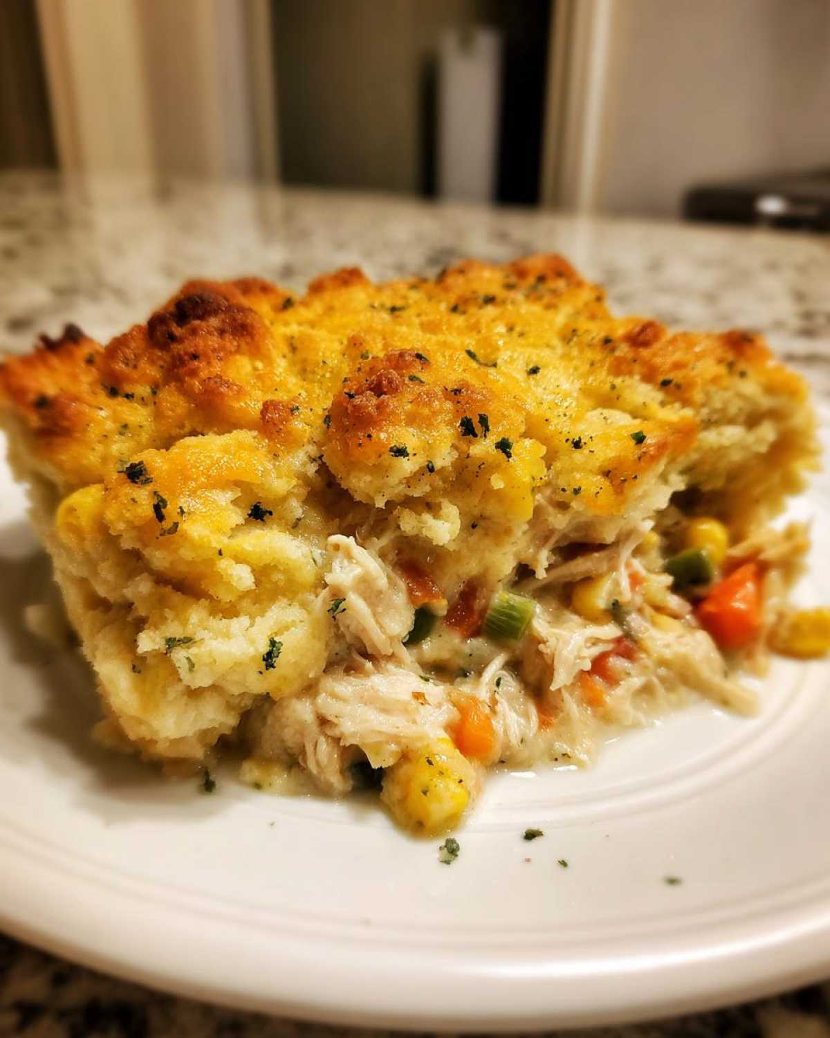 A close-up serving of amazing chicken cobbler showing shredded chicken, vegetables, and a thick, golden biscuit topping.