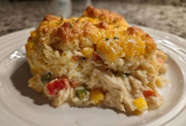 Close-up of a serving of amazing chicken cobbler showing shredded chicken, vegetables, and a golden biscuit topping with melted cheese.