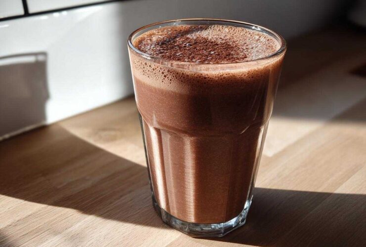 A tall glass filled with rich, frothy chocolate milk, dusted with cocoa powder, sitting on a wooden counter.