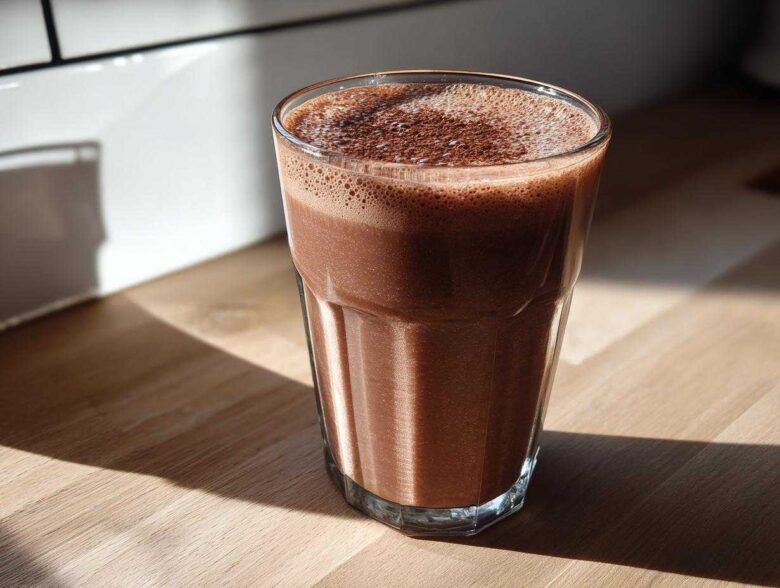 A tall glass filled with rich, frothy chocolate milk, dusted with cocoa powder, sitting on a wooden counter.