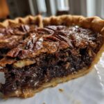 Close-up of a gooey slice of chocolate pecan pie showing the flaky crust and rich filling.