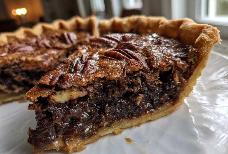 Close-up of a gooey slice of chocolate pecan pie showing the flaky crust and rich filling.