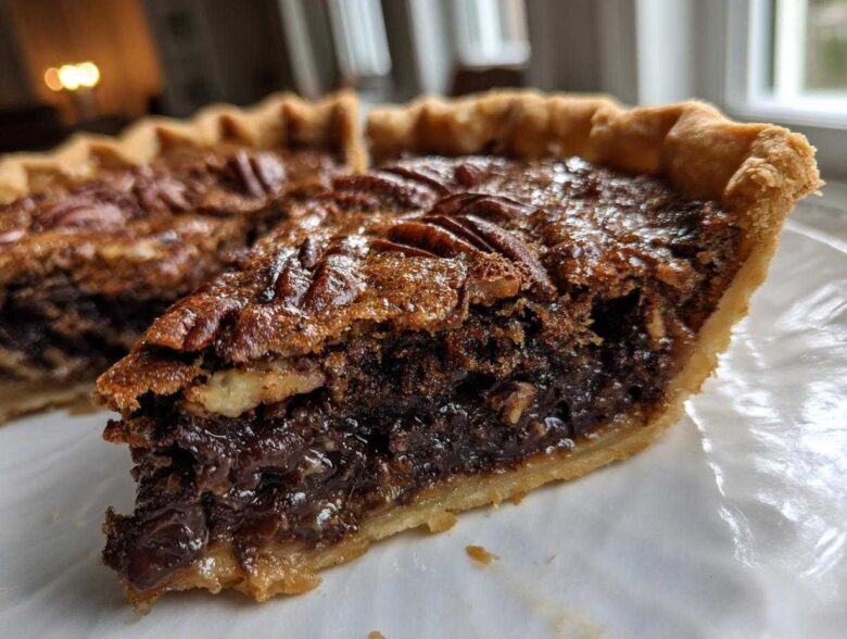 Close-up of a gooey slice of chocolate pecan pie showing the flaky crust and rich filling.