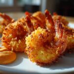 Close-up of crispy, golden baked coconut shrimp served on a white plate with a side of orange dipping sauce.