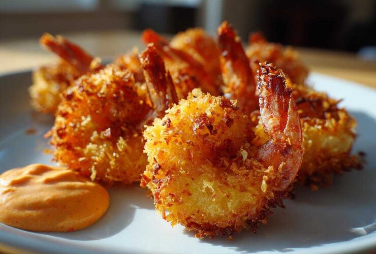Close-up of crispy, golden baked coconut shrimp served on a white plate with a side of orange dipping sauce.