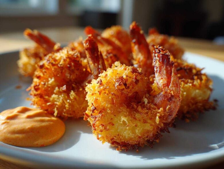 Close-up of crispy, golden baked coconut shrimp served on a white plate with a side of orange dipping sauce.