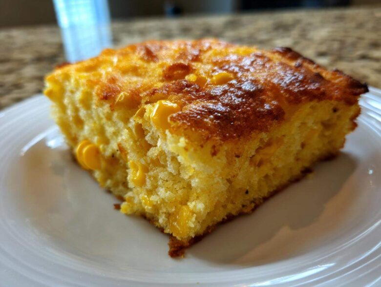 A close-up of a moist slice of cornbread casserole with visible corn kernels, served on a white plate.