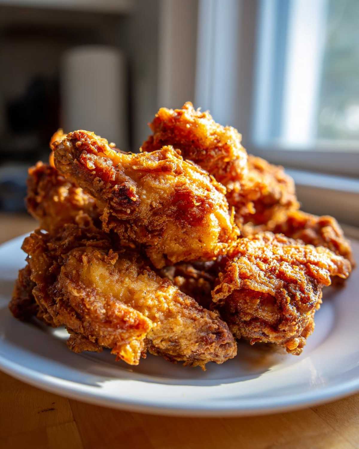 A close-up of a pile of crispy, golden brown fried chicken wings served on a white plate.