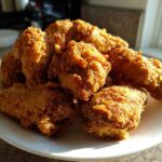 A pile of golden brown, crispy fried chicken wings stacked on a white plate, illuminated by natural light.