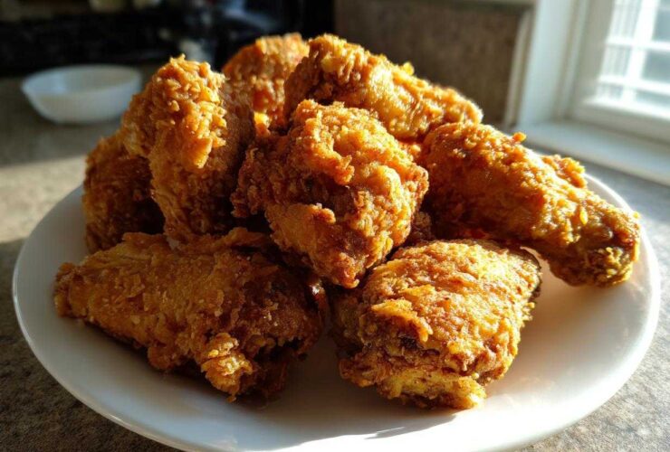 A pile of golden brown, crispy fried chicken wings stacked on a white plate, illuminated by natural light.