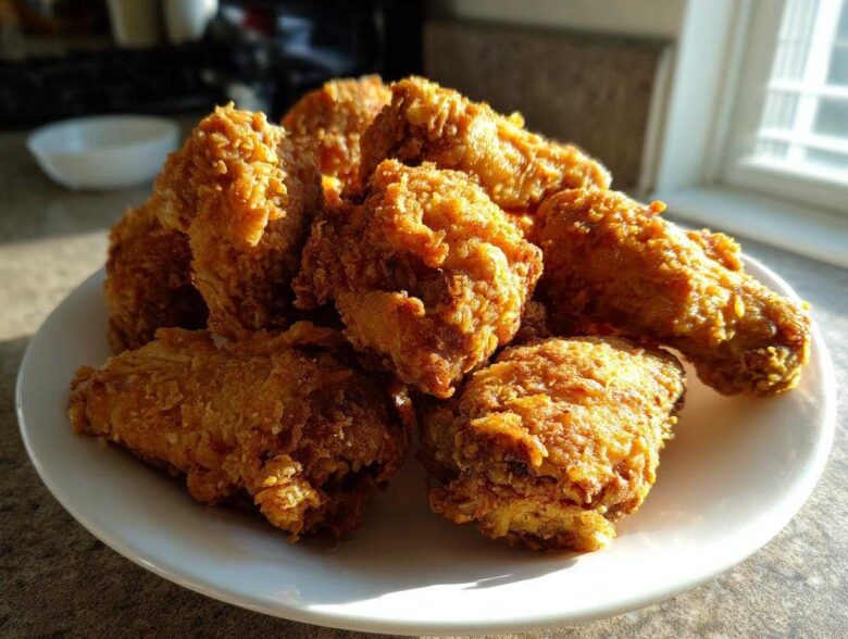 A pile of golden brown, crispy fried chicken wings stacked on a white plate, illuminated by natural light.