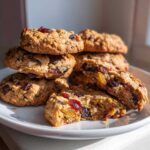 A stack of homemade fruitcake cookies loaded with dried cherries and golden raisins, one cookie is broken open.
