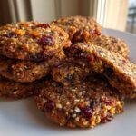 A close-up stack of rich, chewy fruitcake cookies packed with dried fruit and nuts, resting on a white plate.