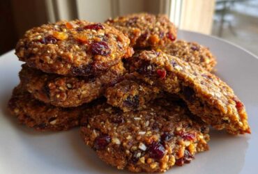 A close-up stack of rich, chewy fruitcake cookies packed with dried fruit and nuts, resting on a white plate.