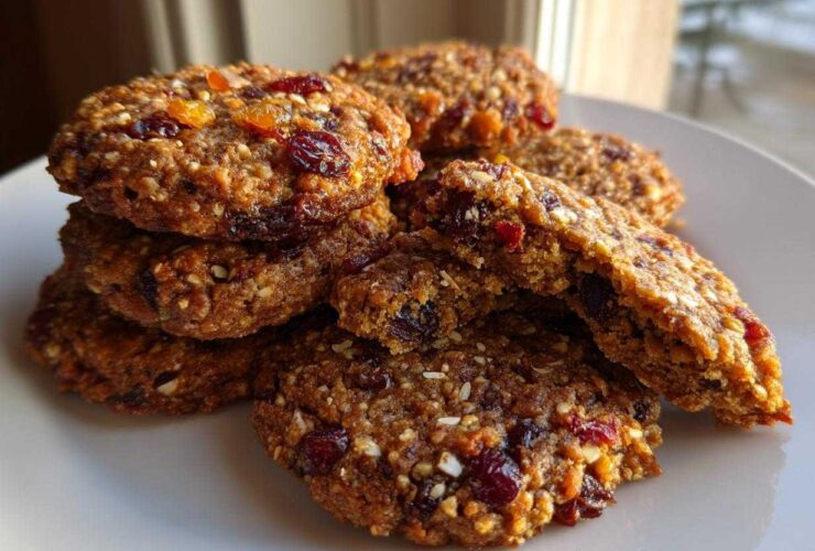A close-up stack of rich, chewy fruitcake cookies packed with dried fruit and nuts, resting on a white plate.