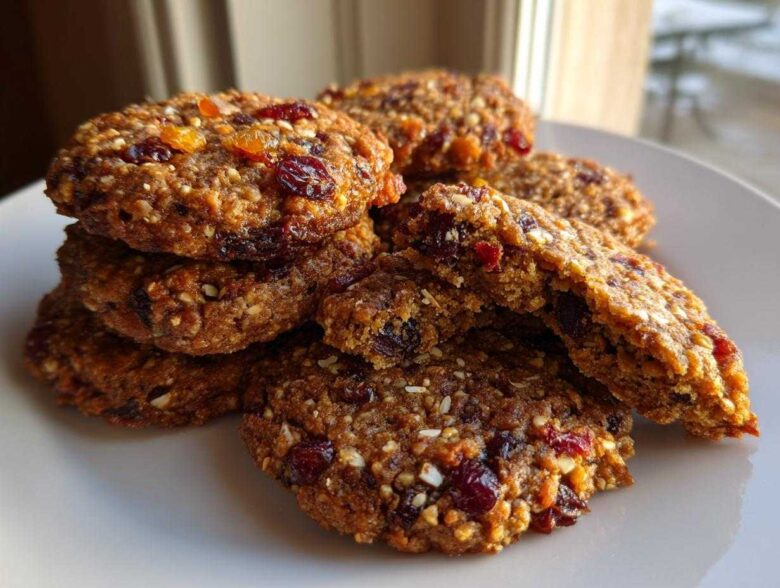 A close-up stack of rich, chewy fruitcake cookies packed with dried fruit and nuts, resting on a white plate.
