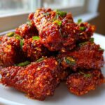 Close-up of crispy Korean fried chicken pieces coated in a glossy, spicy red glaze and topped with sesame seeds and green chilies.