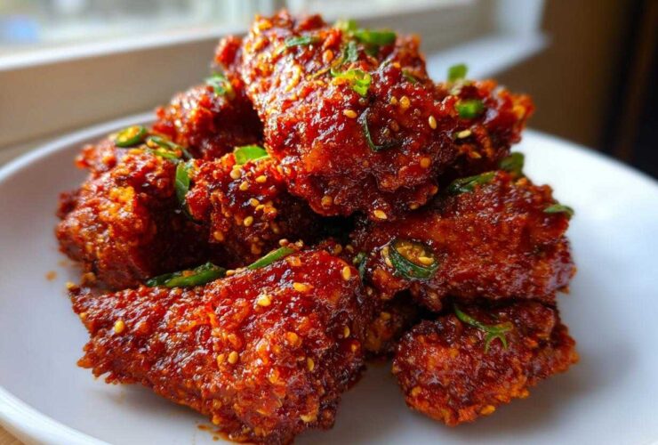 Close-up of crispy Korean fried chicken pieces coated in a glossy, spicy red glaze and topped with sesame seeds and green chilies.