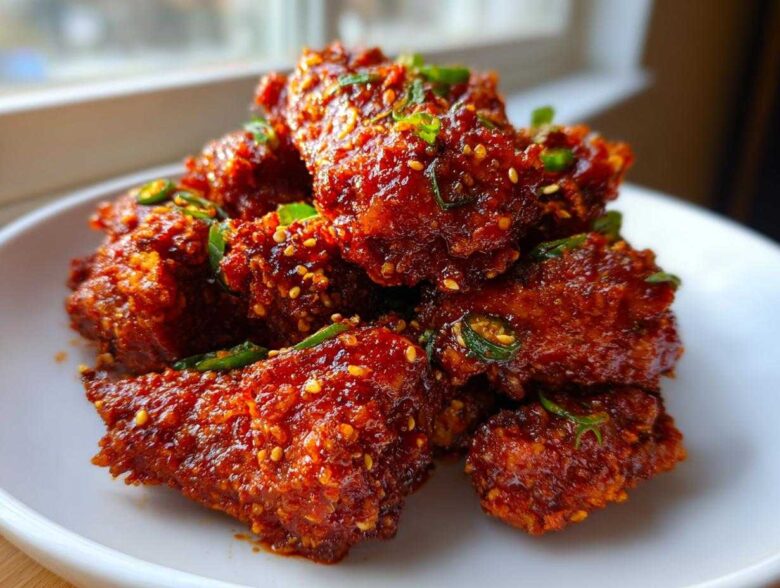 Close-up of crispy Korean fried chicken pieces coated in a glossy, spicy red glaze and topped with sesame seeds and green chilies.